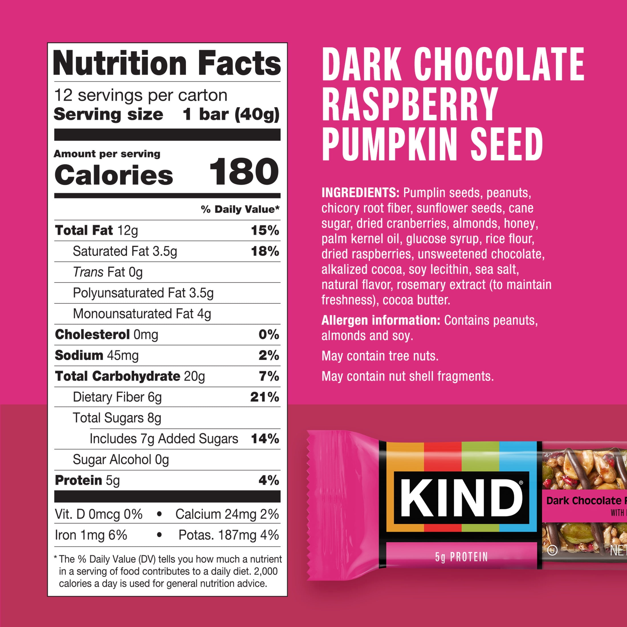 KIND Seeds Fruit & Nuts Snack Bar, Dark Chocolate Raspberry Pumpkin Seed, 1.4 oz, 12 Count