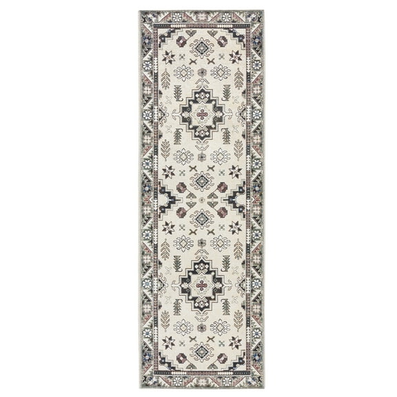 TOWN & COUNTRY LUXE Livie Forever Vintage Everwash® Washable Multi-Use Decorative Rug with Non-Slip Backing, Ivory/Black, 24"x72"