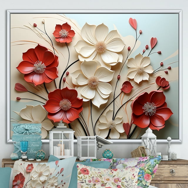 Designart art Mural Encadré avec Fleurs, art Mural Encadré avec Fleurs, Double Étreinte de Fleurs Cramoisies Rouges et Blanches, Très Grand art Mural Encadré Blanc, Cadre de Couleur Blanche 20x12 Pouces