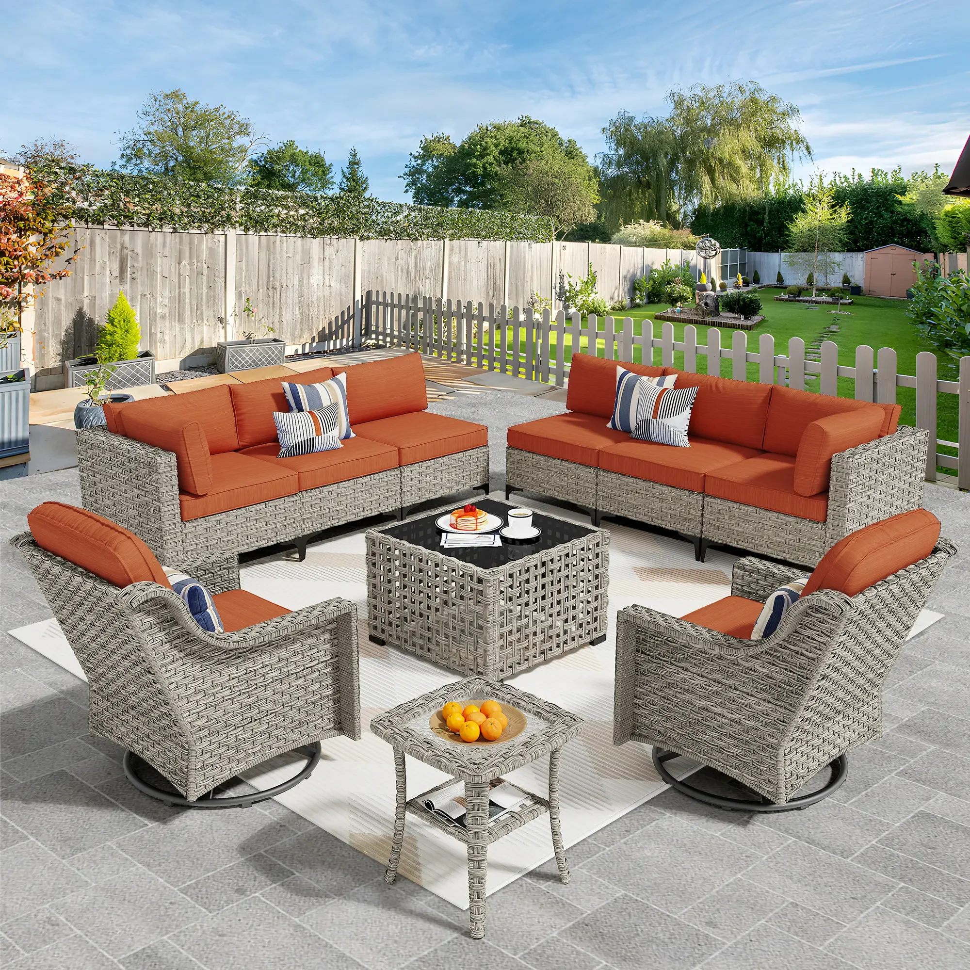 Ovios 10 Pieces Outdoor Patio Furniture Swivel Set with Rocking Chair All-Weather Wicker Conversation Sectional with Solar Lamps Coffee Table for Balcony