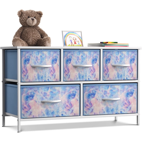 Sorbus Commo à 5 Tiroirs - Coffre de Rangement pour Enfants, Ados, Chambre, Nursery, Salle de Jeux, Vêtements, Jouets - Cadre en Acier, Dessus en Bois, Bacs en Tissu