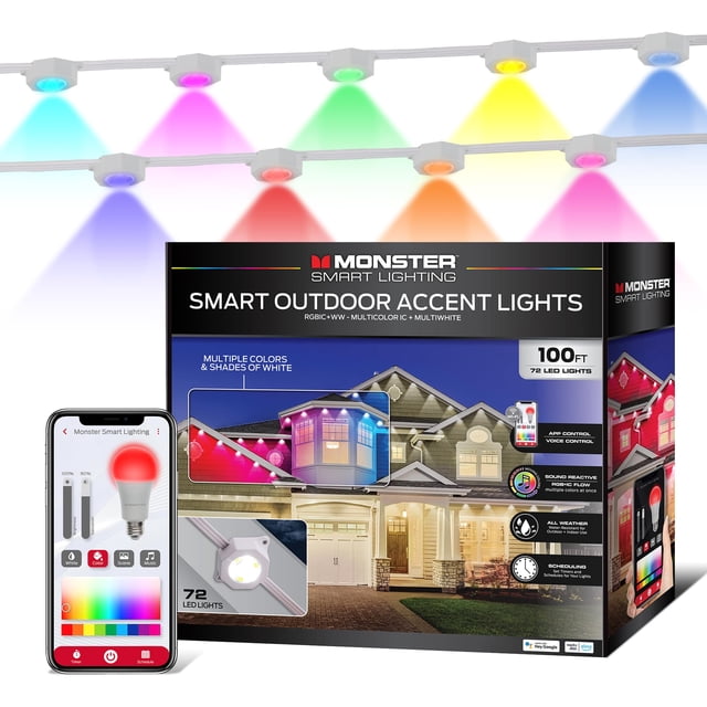 Luces exteriores inteligentes Monster Smart de 30 m, 72 LED RGB+WW con control por app