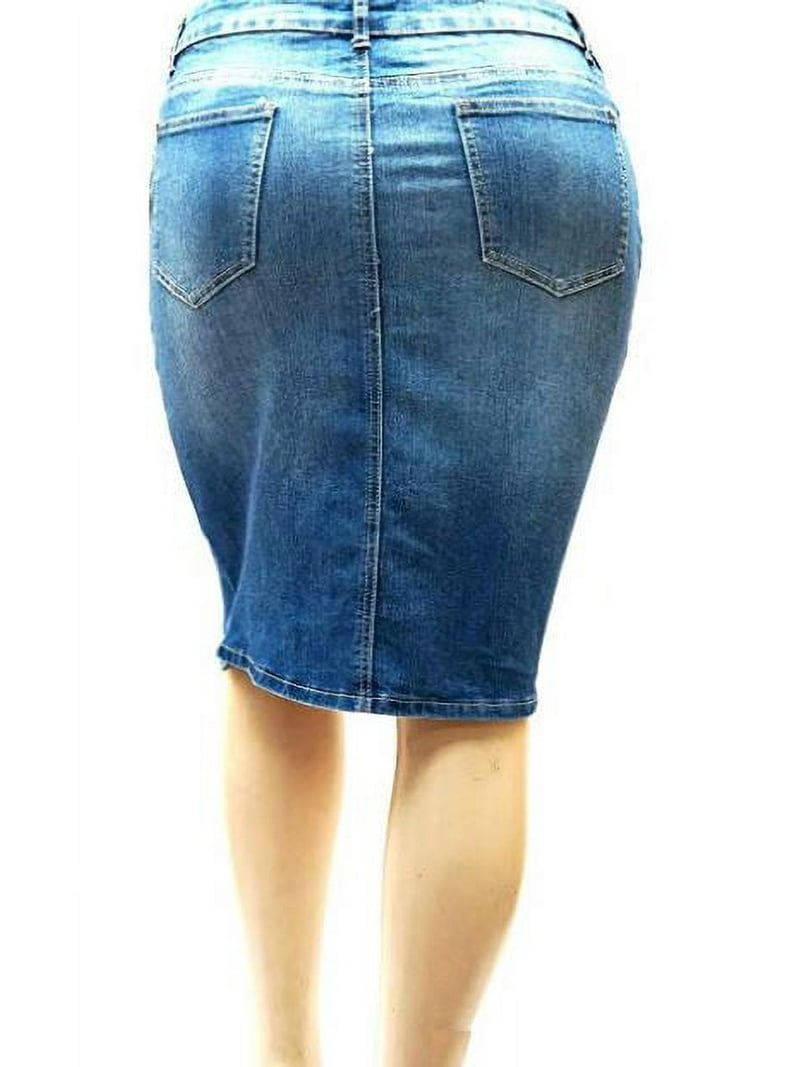 Jack David Women's Plus Size Spandex Waist Blue Denim Skirt with