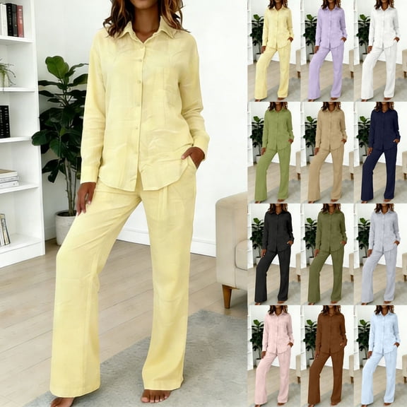 Womens Pajama Sets Fall Winter Solid Long Sleeve Button Down Shirt Long Pants Loose Loungewear Black L