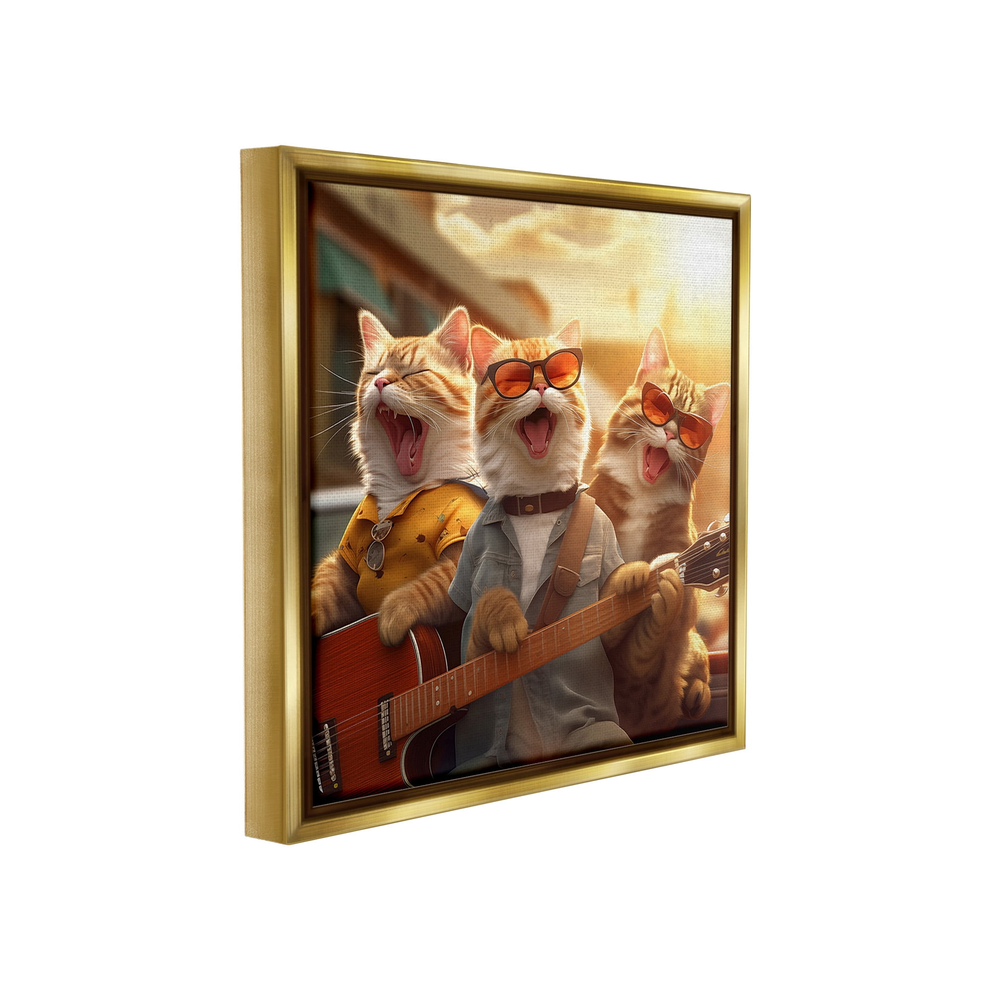 Stupell Industries Singing Guitarist Cats Animals & Insects Painting Gold Floater Framed Canvas Art Print Wall Art, 18 x 18