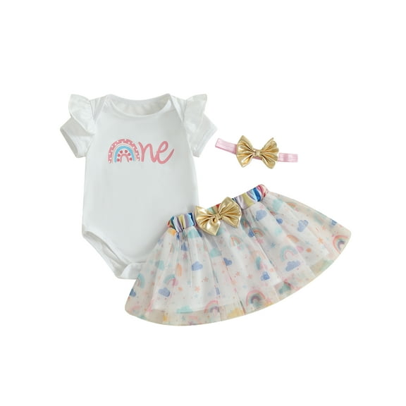 Rovasas Baby Girl 1st Birthday Outfit Short Sleeve Romper Rainbow Skirt Bow