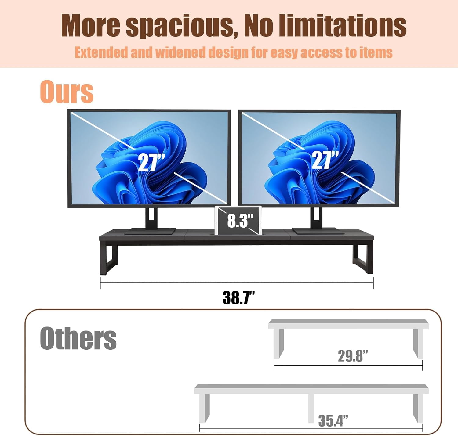 Dual Monitor Stand Riser 38.7 Inch Long Wood & Steel, 2 Monitors Desktop Stand with Tablet Holder, Ergonomic Organizer for Computer Laptop TV