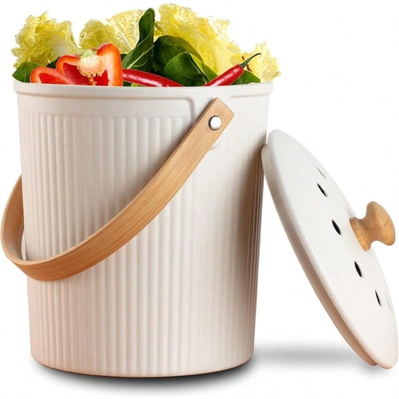 Countertop Compost Bin With Lid Made Of  Bamboo Fiber Odorless Kitchen Compost Bucket 1 Gallon Cream