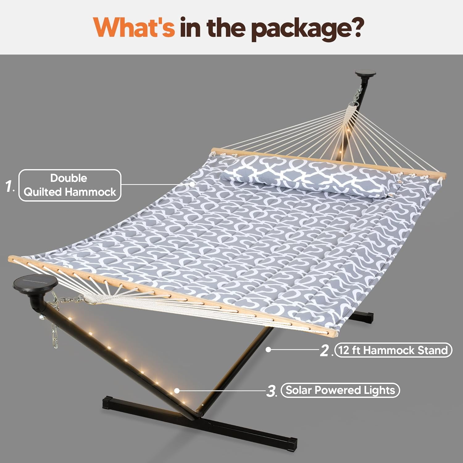 SUNCREAT Hammocks Outdoor 2 Person Hammock with Solar Powered Lights, Double Hammock with 12 ft Stand Included, Light Gray
