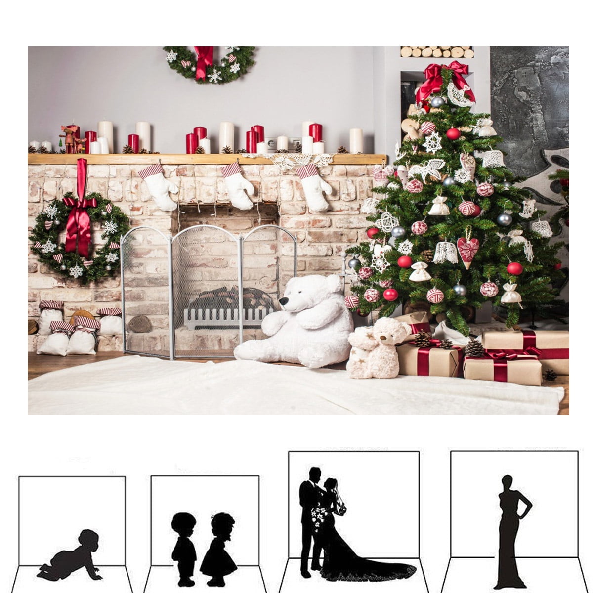 Kate 20x10ft Christmas Fireplace Photography Backdrops Candles and Christmas Stars Balls Decoration Photo Backdrop Props Brick Wall Interior Photographic Shooting