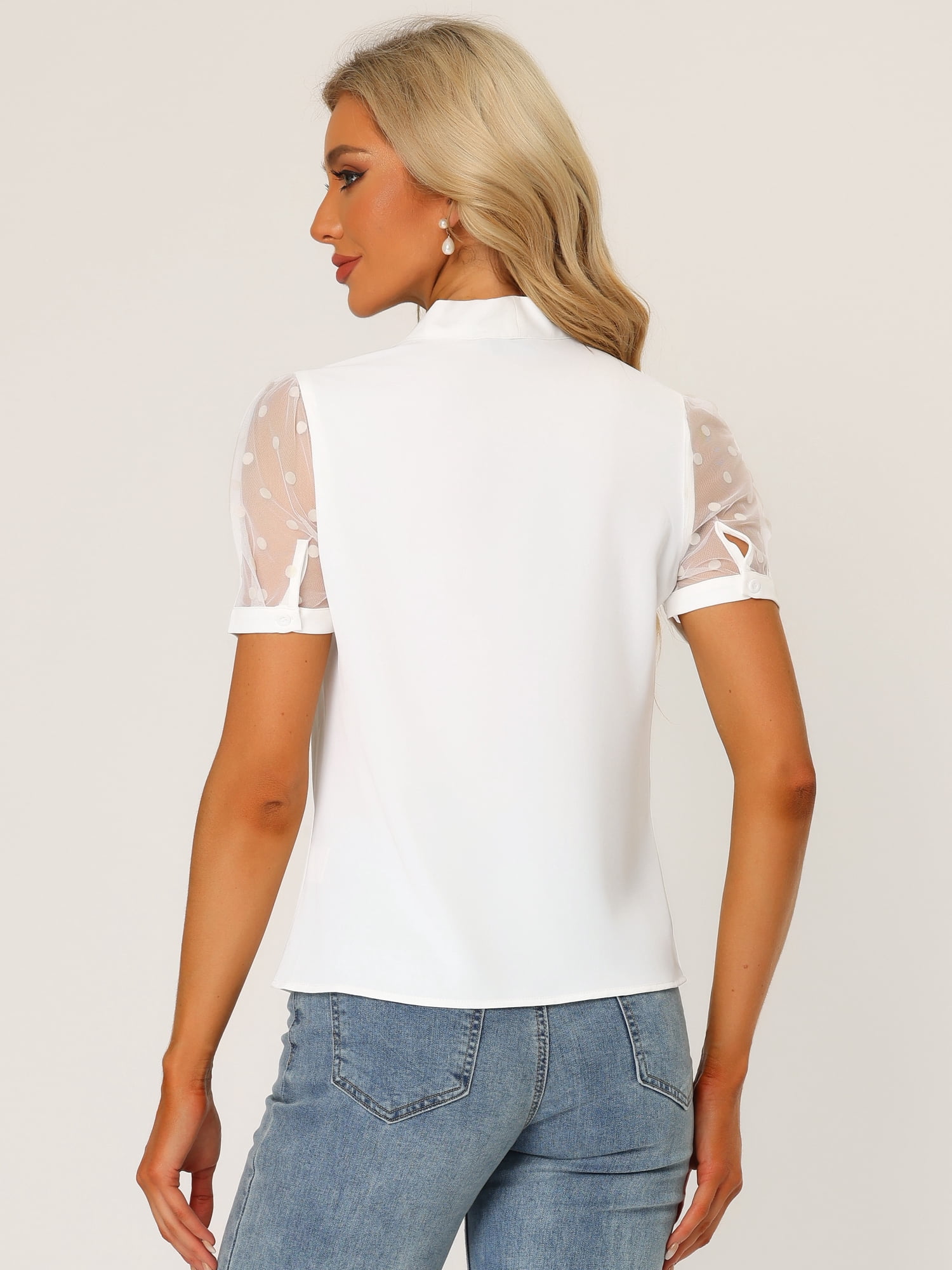 DARING DIVA V Neck Stand Collar Short Mesh Sleeve Blouse S White