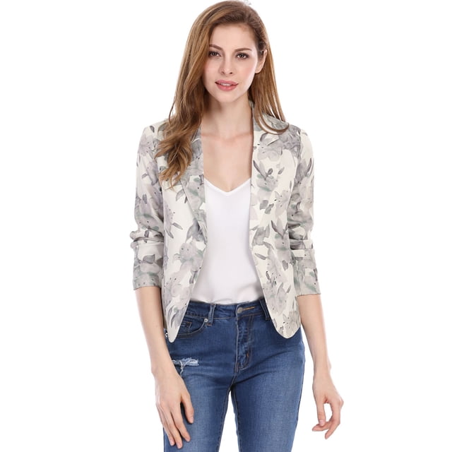 Chaqueta abierta de la chaqueta del traje de la cosecha del trabajo de la oficina del frente de las mujeres Beige-Floral XS