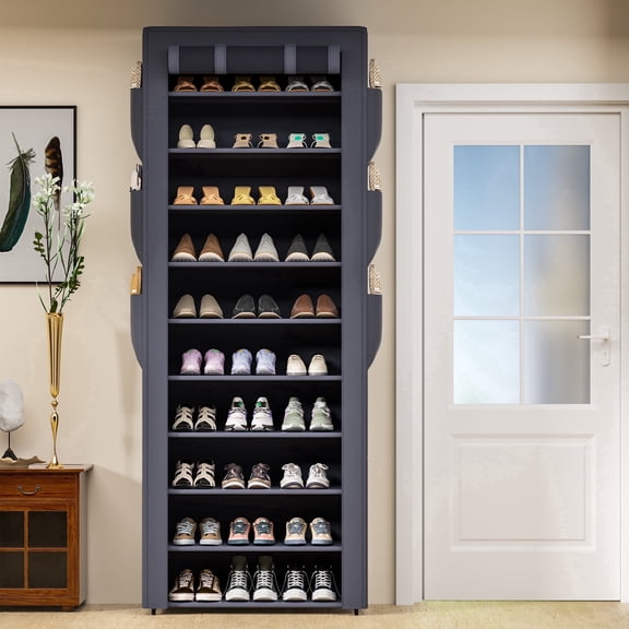 10 Tier Large Dustproof Shoe Cabinet, Tall Shoe Storage Rack with Fabric Cover, Large Capacity Save Space Shoe Shelf for Entryway Closet with pockets