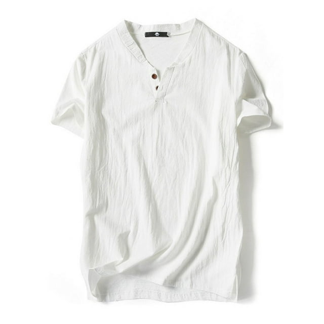 MAWCLOS T-Shirts pour Hommes en Coton et Lin, Couleur Unie, Style Rétro Décontracté, Blanc-2 TG