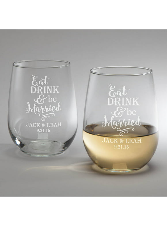Eat, Drink & Be Married Personalized Stemless Wine Glass Set