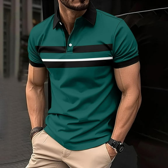 HOMADLES Mens polo Shirt Elasstic Stripe Soft polo Shirt Army Green L