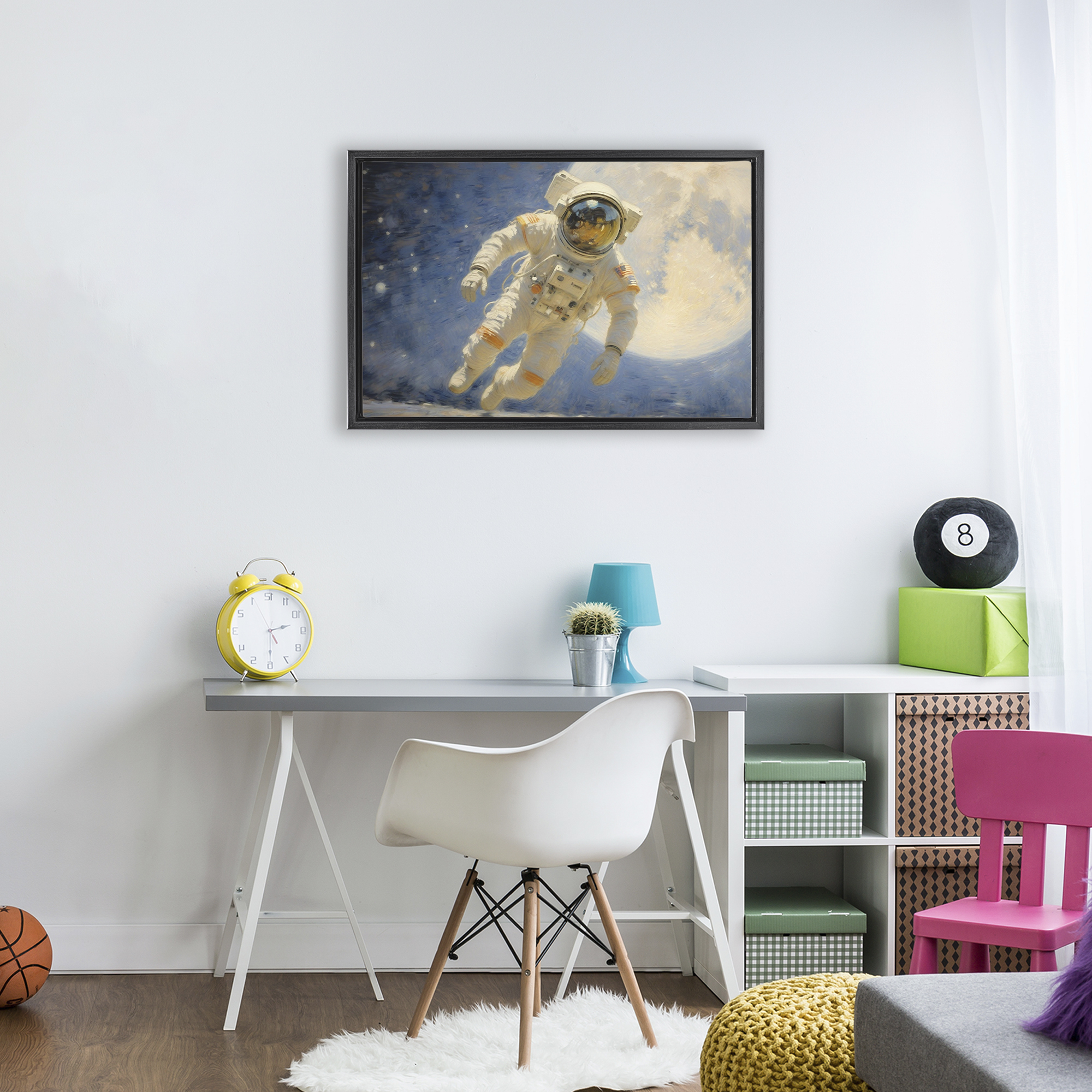 Astronaut in Vast Galaxy Black Framed Floater Canvas Wall Art, design by Angie Hawke