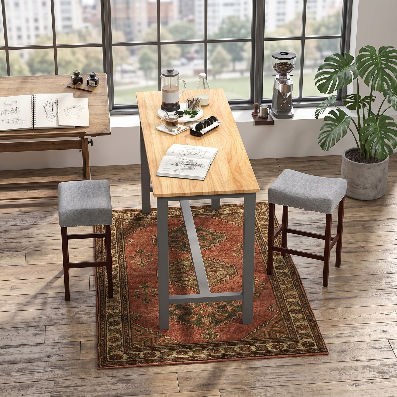 Furnibear Set of 2 25 Inch Backless Bar Stools with Curved Cushioned Seat, Linen Upholstered Counter Height Kitchen Bar Chairs with Rubber Wood Legs and Footrest, Gray