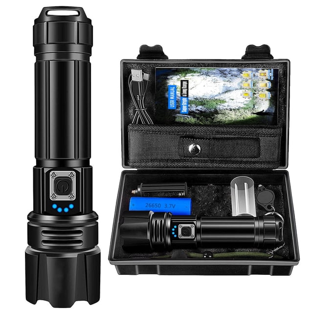 Linterna LED recargable, linterna LED recargable de alta potencia XHP70.2 de 100000 lúmenes, linterna táctica militar potente USB, linternas portátiles de 5 modos a prueba de agua IPX67.