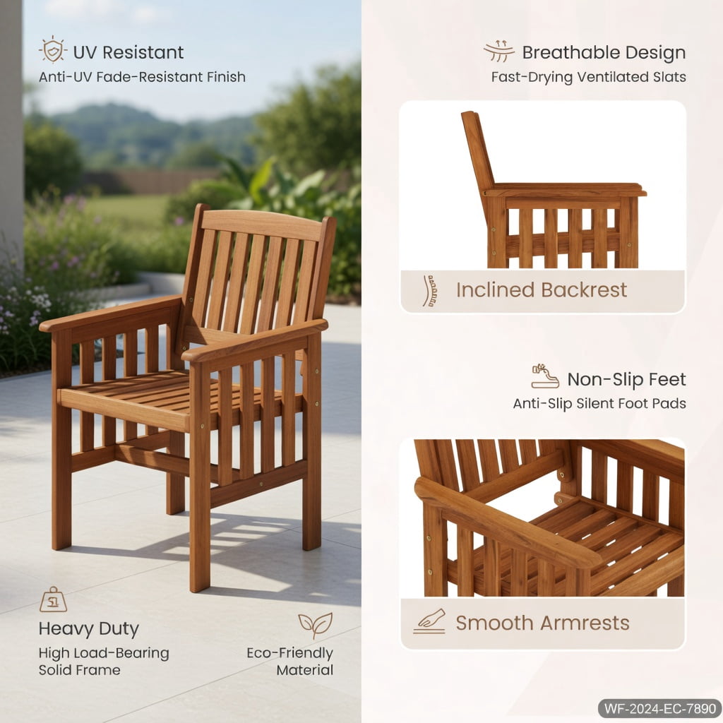 Hommoo 2-Piece Solid Wood Outdoor Patio Chairs Set, Ergonomic Slatted Seat, Inclined Backrest & Armrests for Porch, Balcony & Backyard, Natural