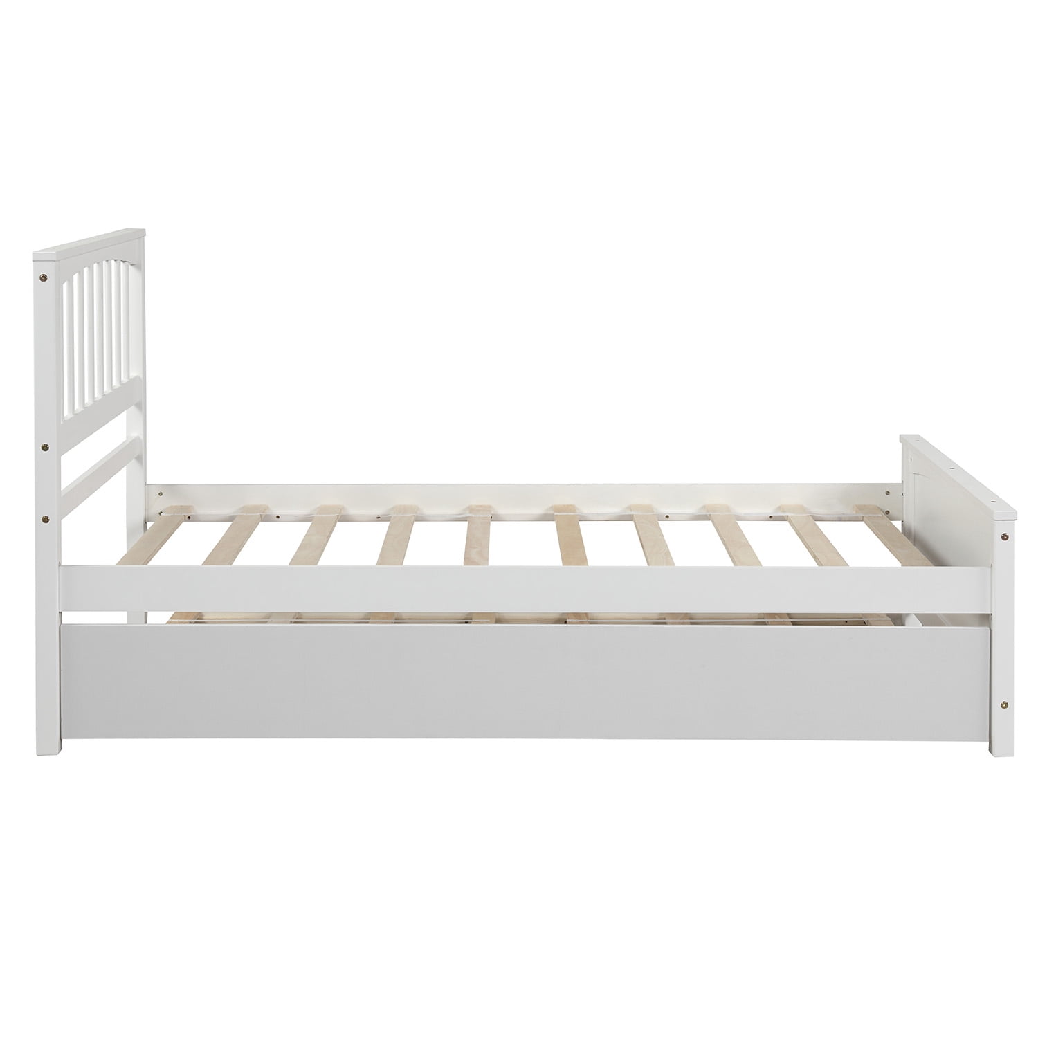 Gewnee Wood Twin Size Platform Bed with Trundle and Headboard for Kids,White