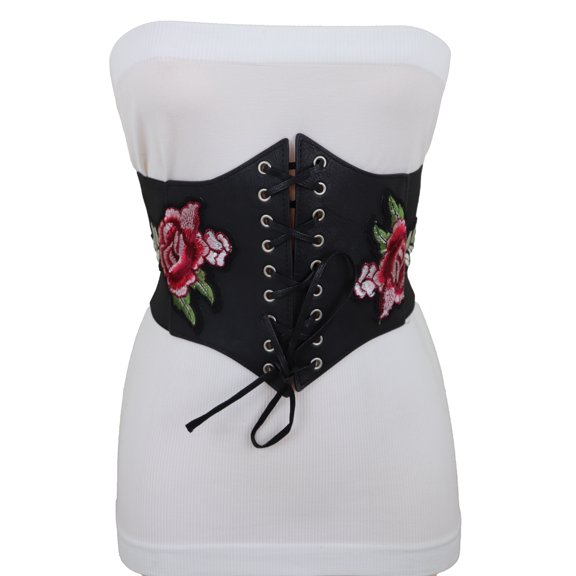 Women Wide Black Corset Elastic Fashion Belt Red Flowers S M