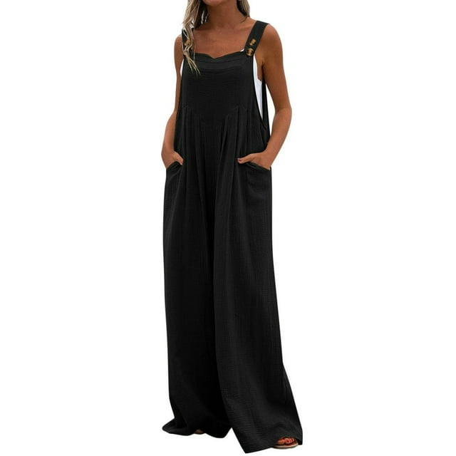 Combinaison Décontractée pour Femmes Jambes Larges avec Poche Bretelles Boutons Ample Longue Combinaison Plissée Robe Maxi