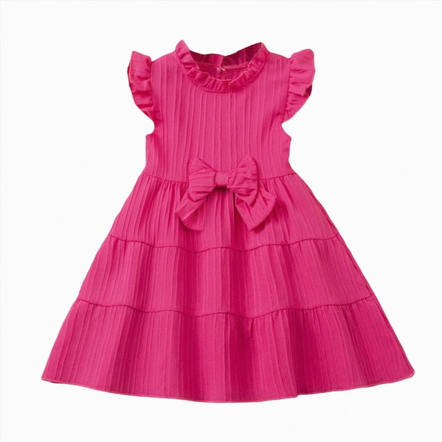 Ymyiu Robes pour Adolescentes Robe Fluide pour Fille Froncée Sans Manches à Volants Superposés Courte Smockée Robes d'Été 4T 5T (Rose Vif, 4-5 Ans)