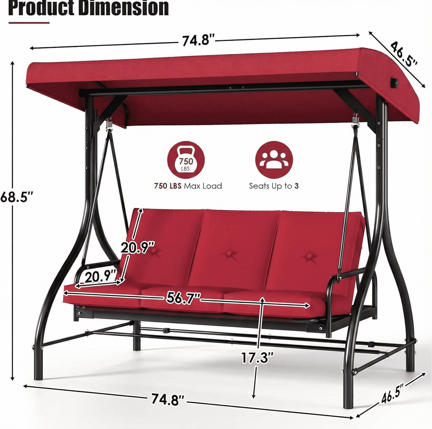 Pirecart 3 Person Patio Porch Swing Outdoor Converting Swing Glider Hammock with Adjustable Canopy, Cushions, Red