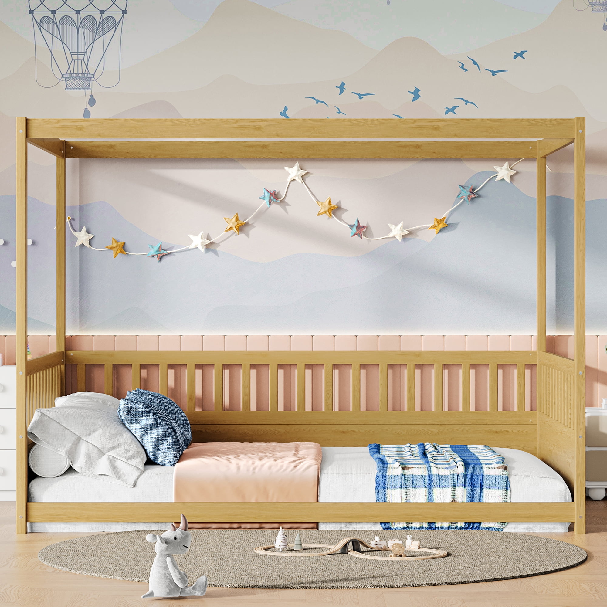 Canopy Bed Frame with Guardrails for Kids, Full Size Floor Bed with Four Poster Design, Natural Pine Wood Montessori Bed, Low Profile Floor Bed with 21.45-Inch Guardrail