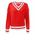 thumbnail image 4 of BODOAO Sweaters for Women Oversized V Neck Varsity Stripe Knit Pullover with Long Sleeves Preppy Casual Top for Fall Winter College Style and Weekend Outfits Red S, 4 of 4