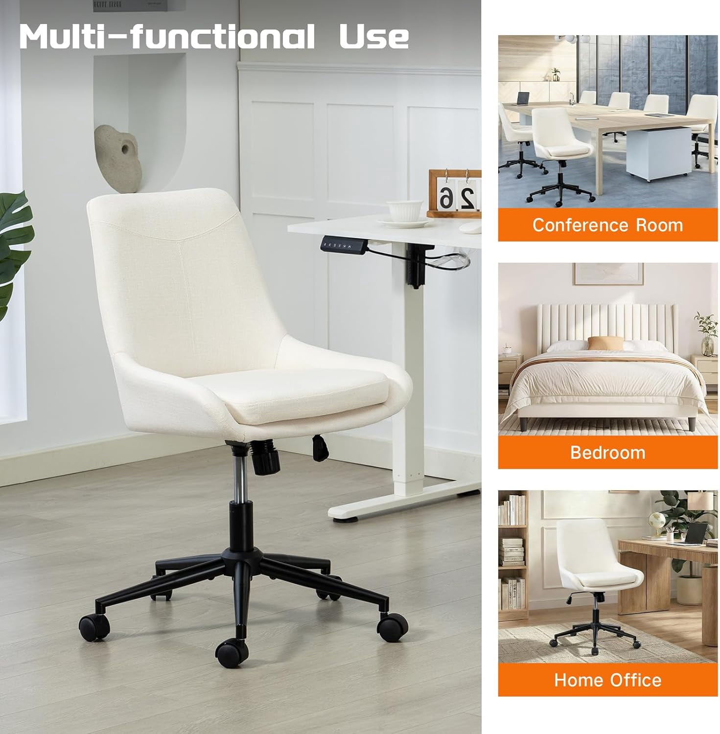 Breathable Linen Fabric Home Office Chair, Comfortable Armless Task Chair Swivel Rolling Adjustable Height Home Office