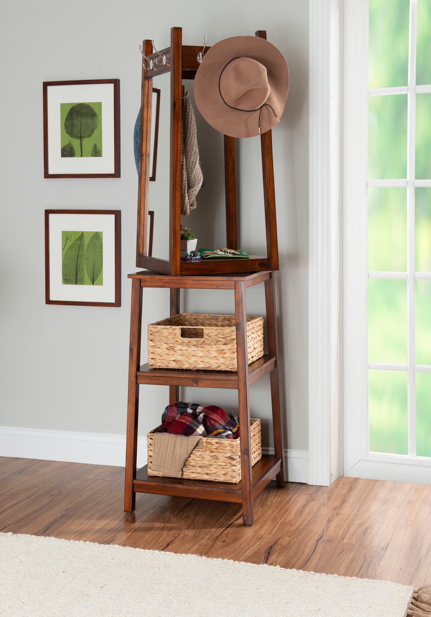 Large Mid-Century Wall Mirror with Coat Rack & Umbrella Stand by