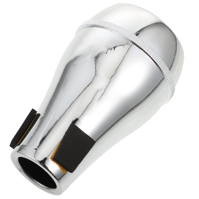 goohochy 1pc delicado trombón muesos prácticos trombones silencios instrumento musical freadine Plata GOOHOCHY mute para trombón en vista frontal inclinada; silenciador plateado con abertura cónica para boquilla, anillo estriado en la parte superior y almohadillas de goma negras en los costados para atenuación de sonido; fondo blanco, ligero y portátil, ideal para prácticas silenciosas.