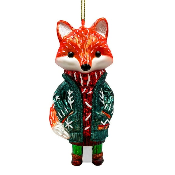 Red Nordic Fox in Sweater Glass Ornament, Scandinavian Christmas Tree Decor
