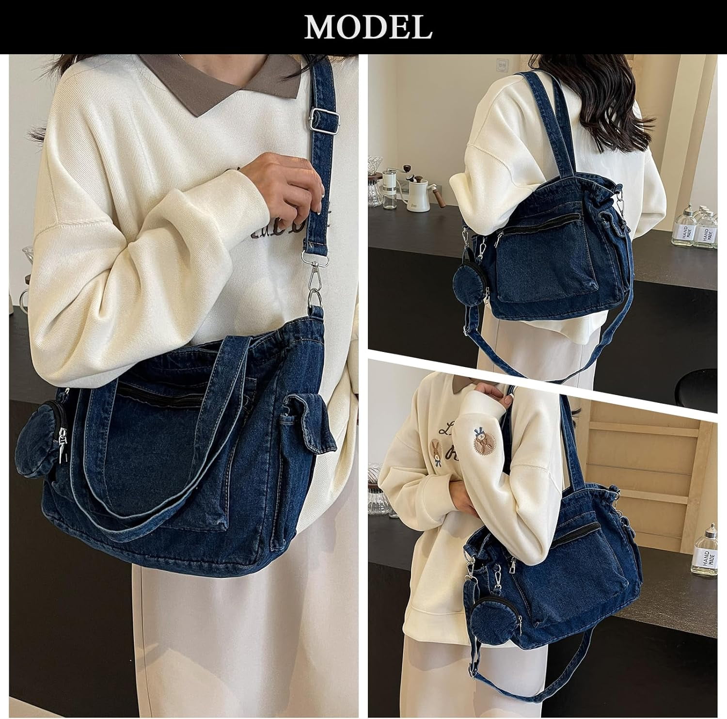 Denim Tote Bag, Large Capacity Jean Purses for Women Denim Crossbody Handbags with Small Purse