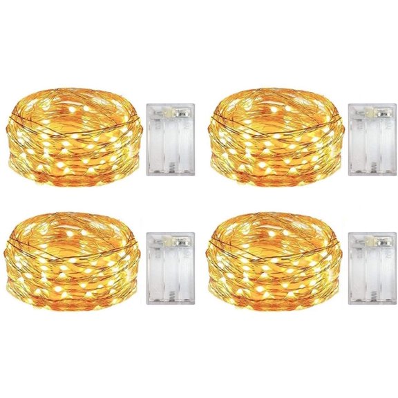 4‑Pack Battery Operated Fairy Lights, 16ft 50 LED Warm White Silver Wire String Lights, 6H On/18H Off Timer, Waterproof Wire for Bedroom Christmas Wedding Decor
