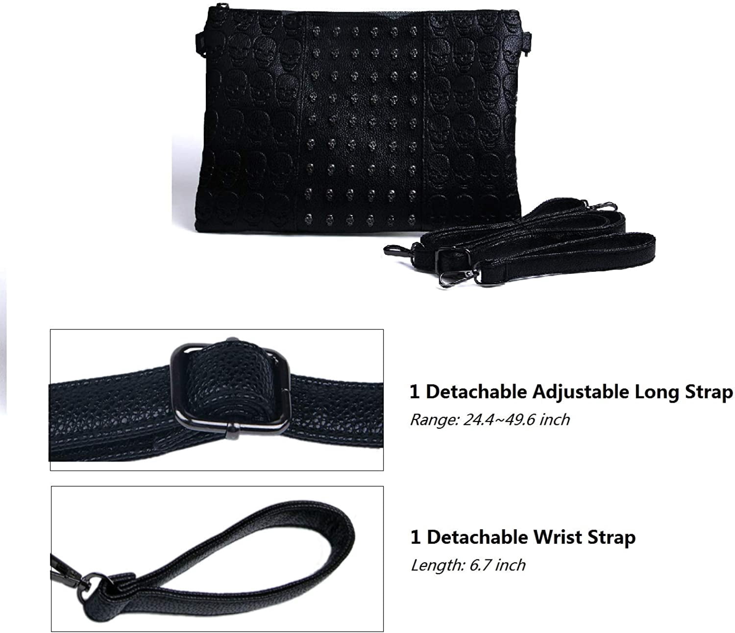 Womens Punk Skull Rivet Shoulder Bag PU Leather Goth Crossbody Bag with Chain Wallet Purse for Teen