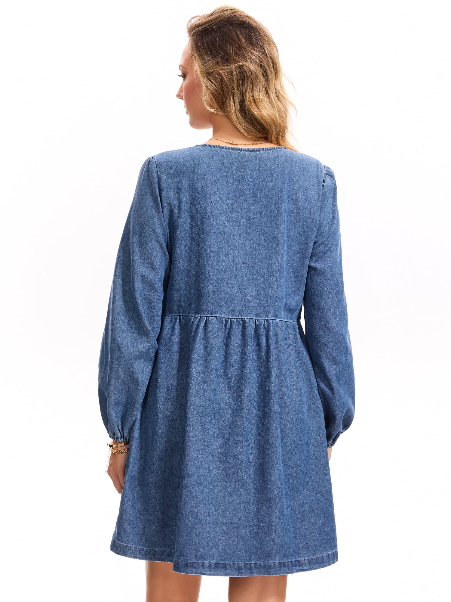 DARING DIVA Women's Denim Dress Bow Tie Long Sleeve Babydoll Dresses M Blue