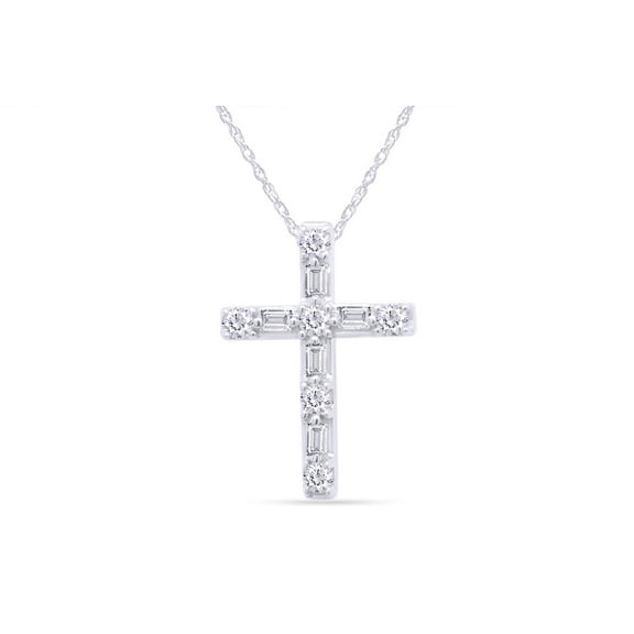 AFFY 1/4 Cttw Round & Baguette Cut Natural Diamond Cross 14K White Gold Plated 925 Sterling Silver Ladies Women Pendant Necklace 18"