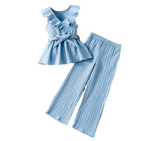 

LNWUY (8-12 Years Old) Girls Summer New Fly Sleeve Undershirt Lace Collar Top Lace Solid Color Pants Set Round Neck Undershirt Set Sky Blue 10 Years