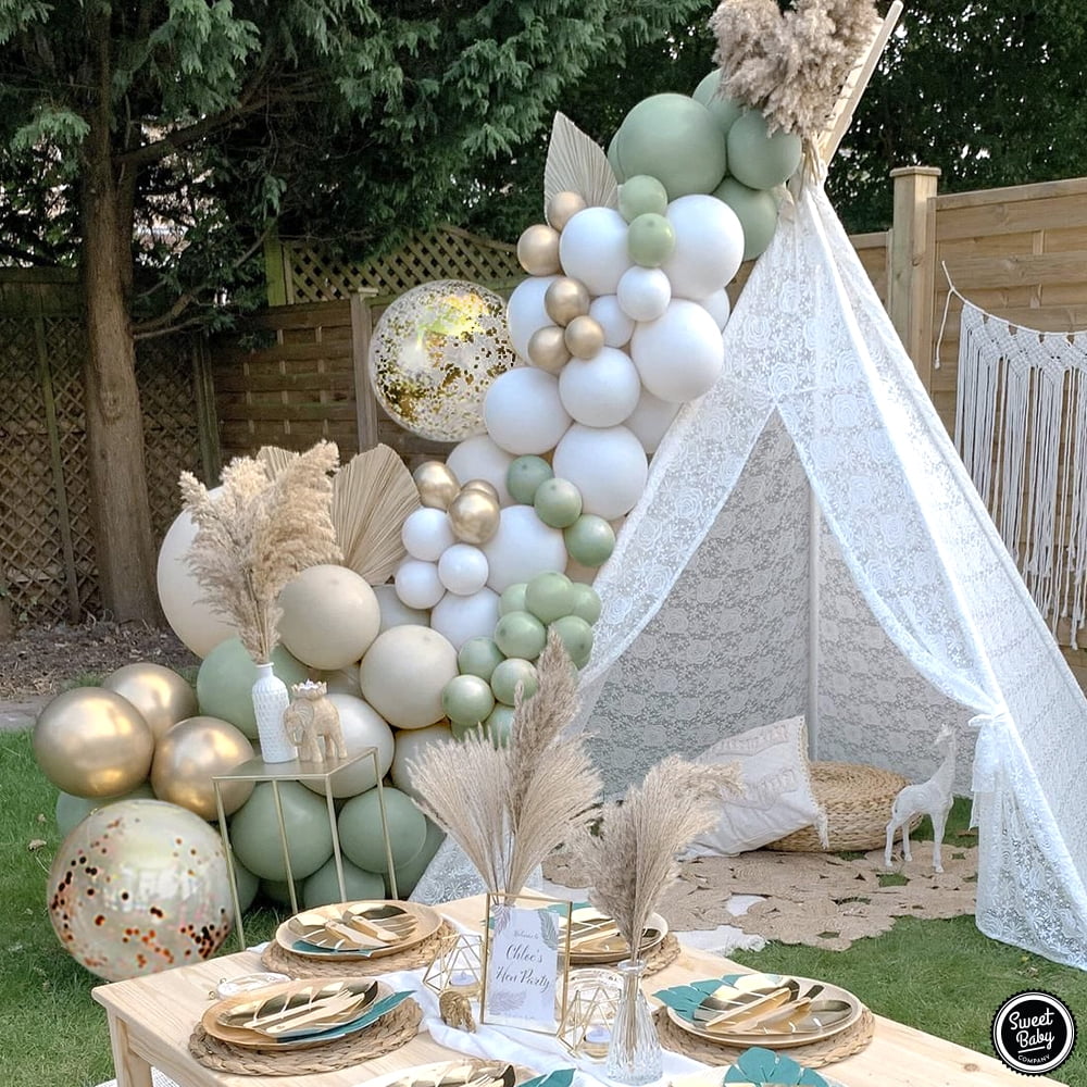 Sage Green Balloon Garland Kit with Matte Sage Olive, Taupe, White, Gold Metallic, Confetti Balloons