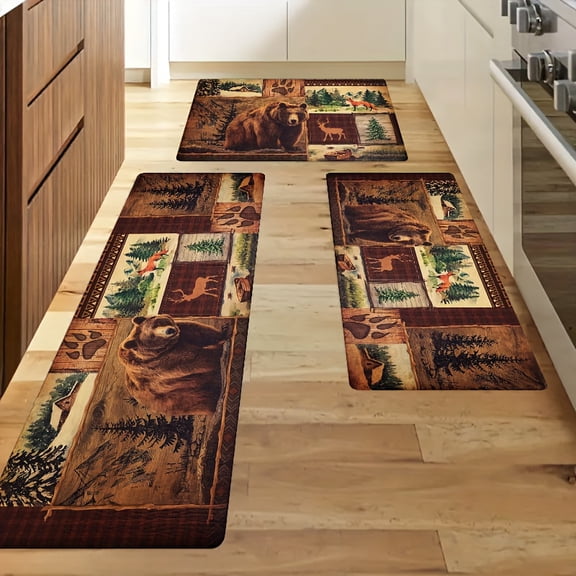 Non-Slip Kitchen Carpet for Farmhouses, Featuring Brown Animal Designs Like Bears And Deer, Washable Kitchen Mats Placed in Front of The Sink