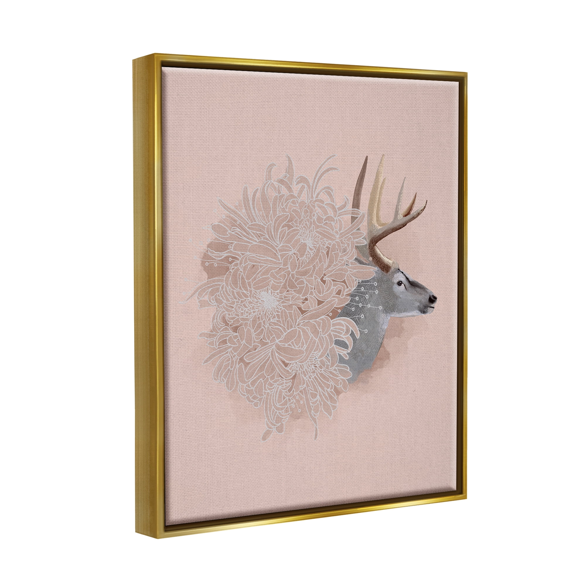 Stupell Industries Pink Deer & Mum Flower Animals & Insects Painting Gold Floater Framed Canvas Art Print Wall Art, 17 x 21