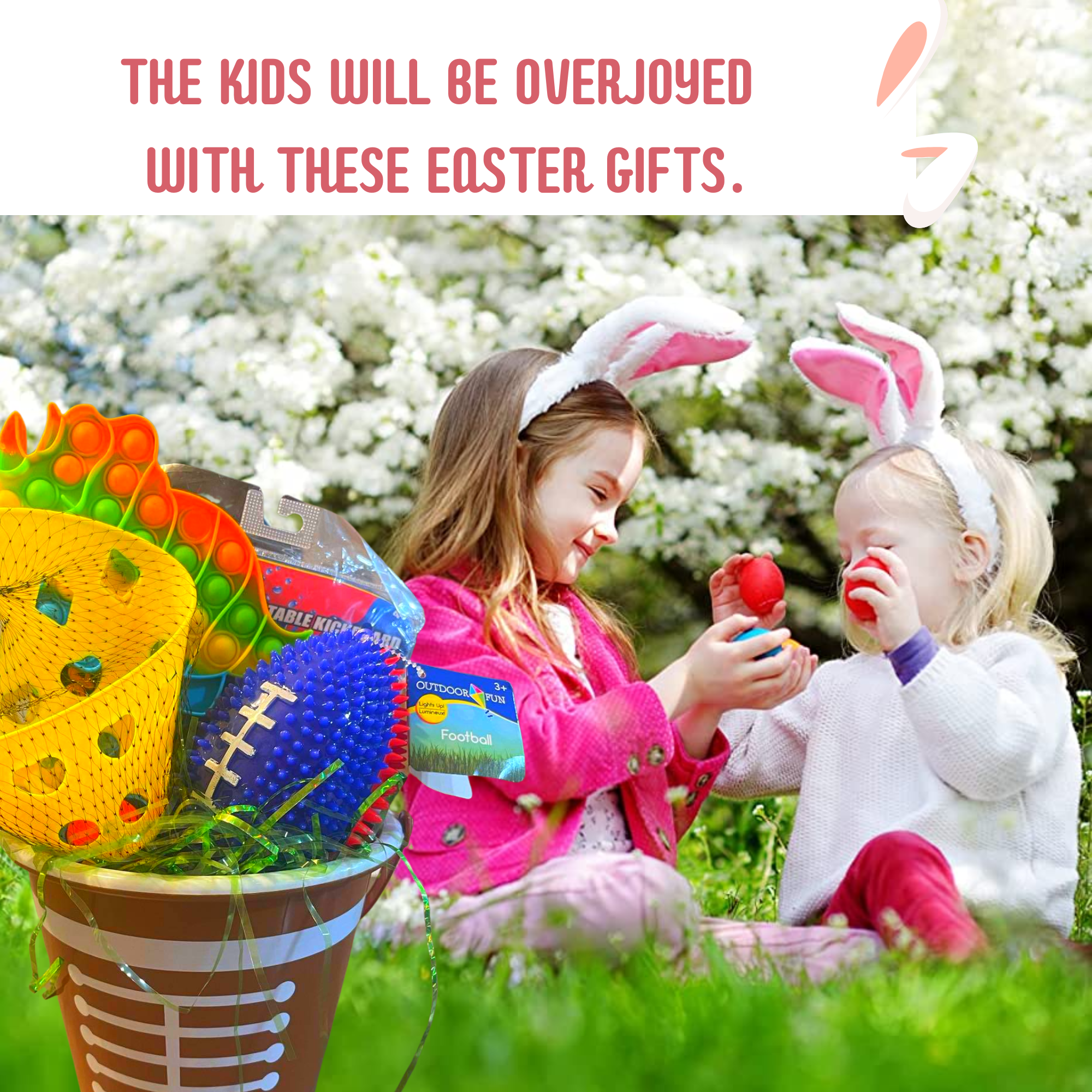 Easter Gift Basket with Inflatable Kickboard, Launch and Catch Ball Toys Two-Tone Football Easter Candies & Reusable Bucket for Boys Holiday Summer Outdoor Fun Gifts (Contents Vary)
