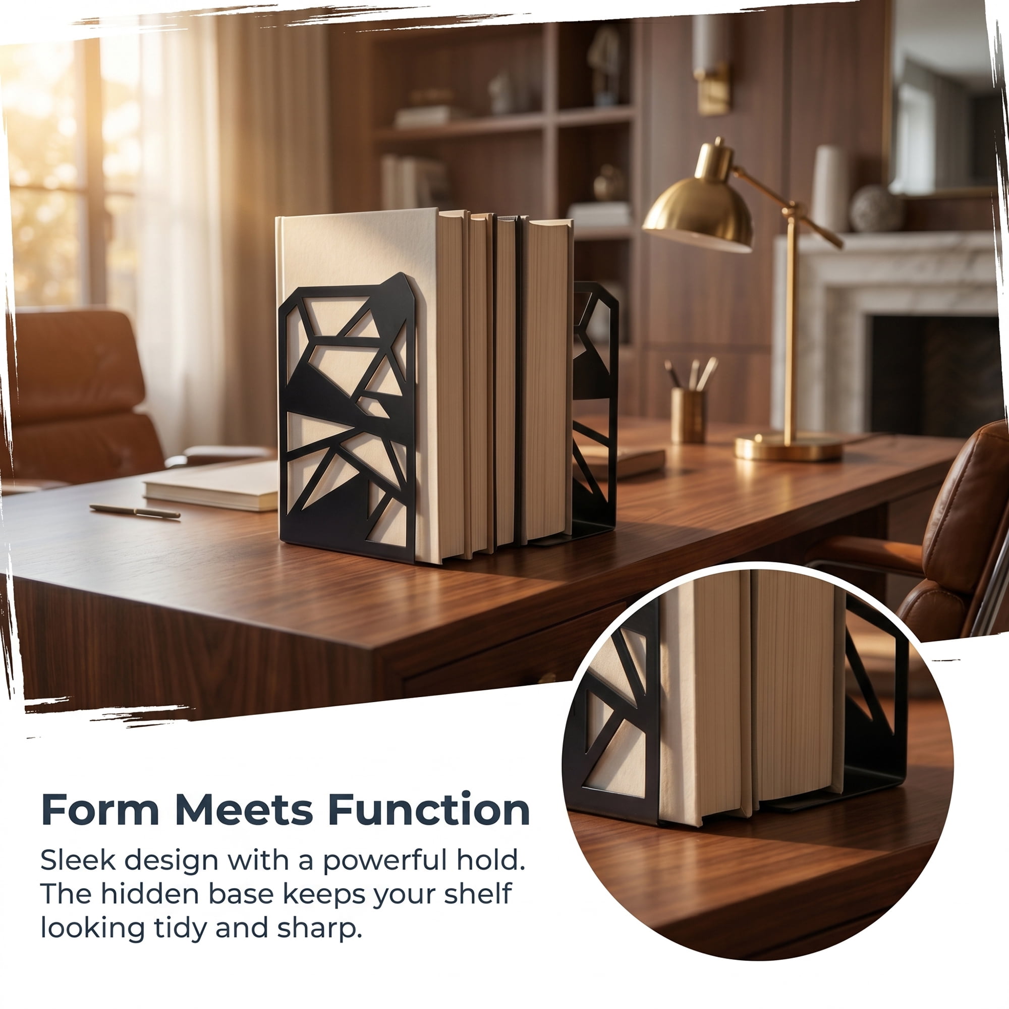 Unique Bargains Geometric Metal Bookends Decorative Book Ends for Shelves Black 4.7"x4.7"x6.5"