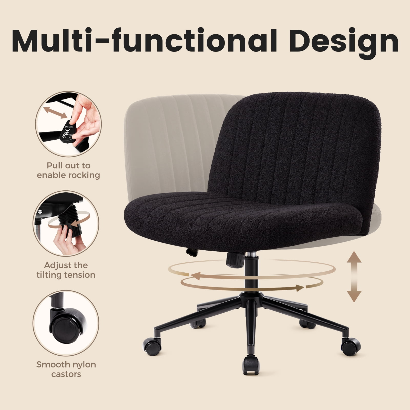 Black Criss Cross Chair Cross Legged Office Chair with Wheels Armless Wide Seat Desk Chairs Height Adjustable Computer Task Chairs Swivel Vanity Chair for Home Office Bedroom Make Up Soft Fabric