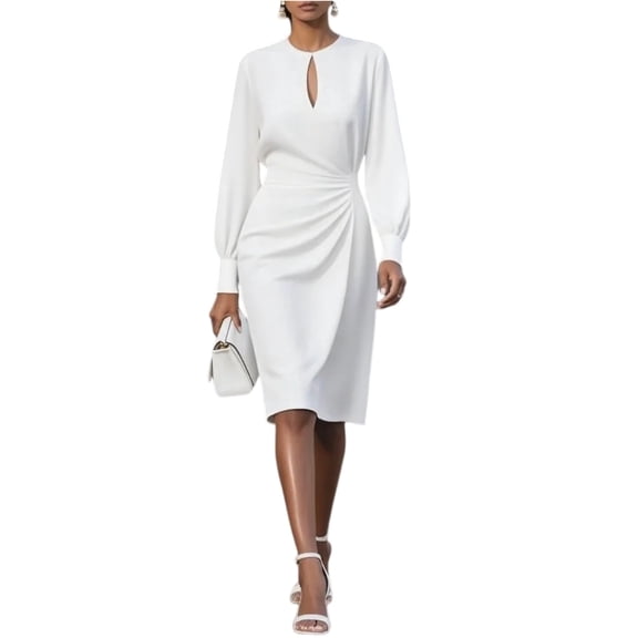 Cutout Detail Dress, Round Neck Midi Dress with All-Over Pleats and Waist Tie, Sexy and Elegant Party Dress for Evenings Out White S