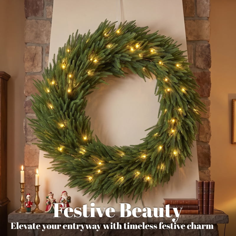 Alvantor Christmas Wreath Pre-Lit Norfolk Pine with 100 LED Lights 48"x48"x7.9" Green