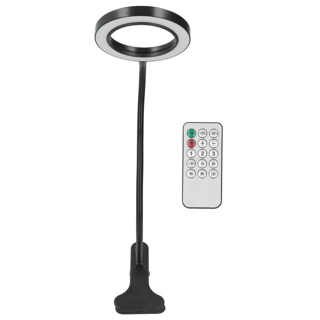 Lámpara de escritorio LED con clip, 3 colores, 10 niveles de brillo, cuello de cisne flexible, alimentación por USB y control remoto.